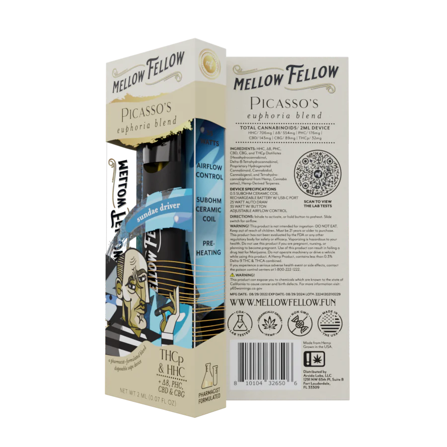 Mellow Fellow Picasso's Euphoria Blend (Sundae Driver) - D8, PHC, CBD, CBG, THCp - 2ml Disposable Vape - Vol. 3