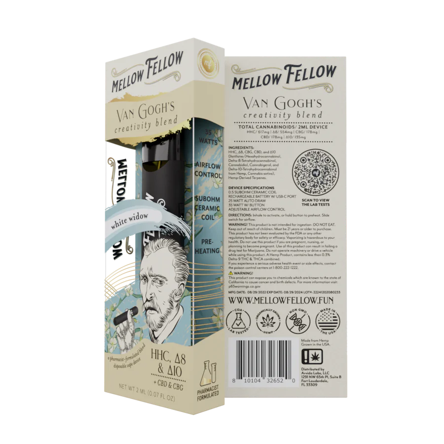 Mellow Fellow Van Gogh's Creativity Blend (White Widow) - D8, CBD, CBG, D10 - 2ml Disposable Vape - Vol. 3