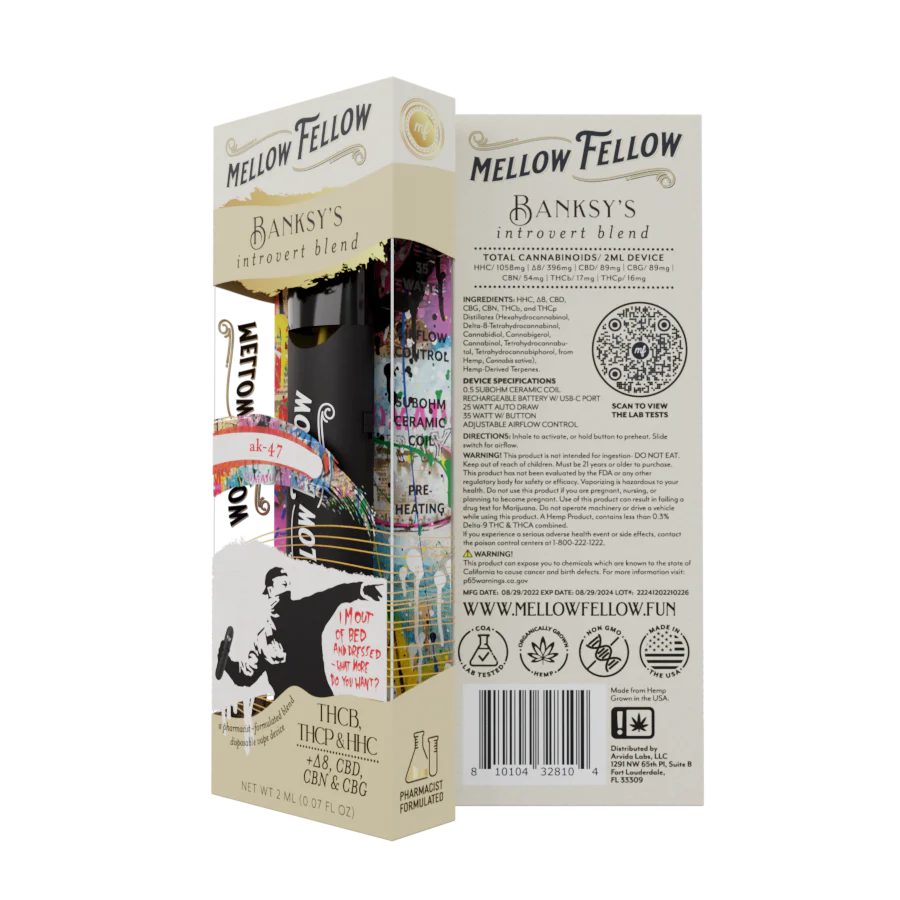 Mellow Fellow Banksy’s Introvert Blend (AK-47) - THCb, THCp, D8, CBN, CBG - 2ml Disposable Vape - Vol. 3