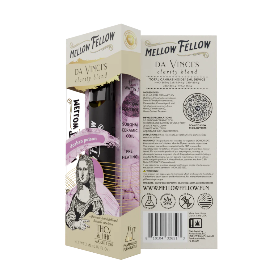 Mellow Fellow da Vinci's Clarity Blend (Durban Poison) - D8, CBD, CBG, THCv - 2ml Disposable Vape - Vol. 3