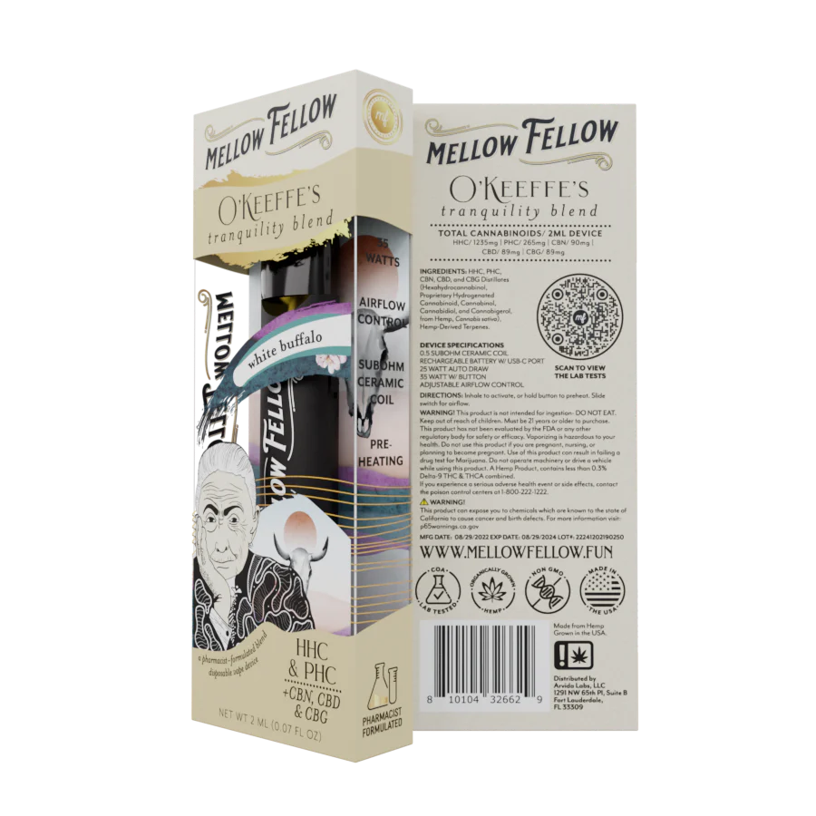 Mellow Fellow O’Keeffe’s Tranquility Blend (White Buffalo) - PHC, CBN, CBD, CBG - 2ml Disposable Vape - Vol. 3