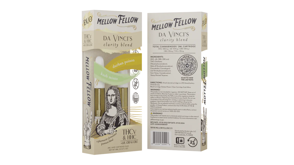 Mellow Fellow da Vinci’s Clarity Blend - 2ml Cartridge Duo (4ml) - Durban Poison & Kush Mints