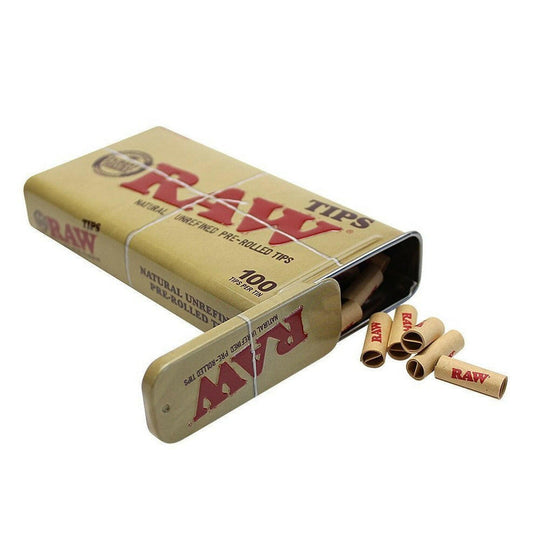 Raw Pre Rolled Rolling Paper Tips w/ Storage Tin (100-Pack)